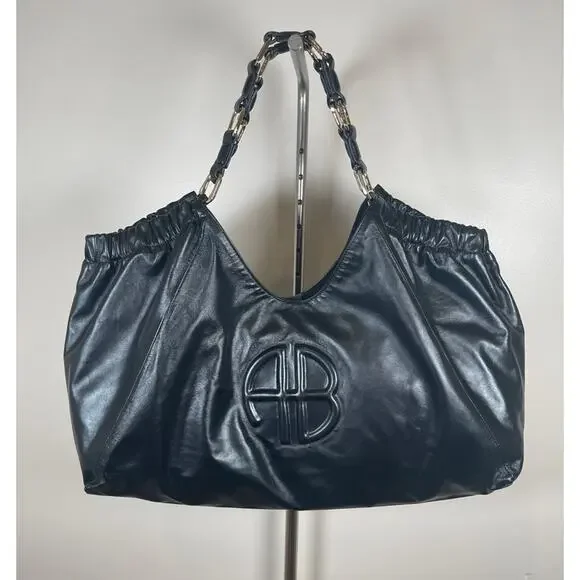 Anine Bing Kate Embossed Large Black Lamb Leather Boho Shoulder Tote - Picture 7 of 15